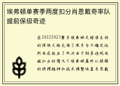 埃弗顿单赛季两度扣分肖恩戴奇率队提前保级奇迹