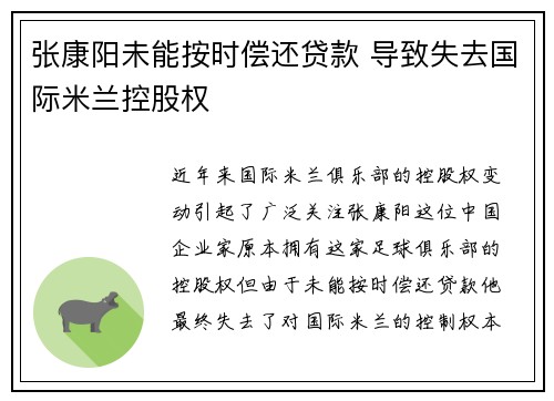 张康阳未能按时偿还贷款 导致失去国际米兰控股权